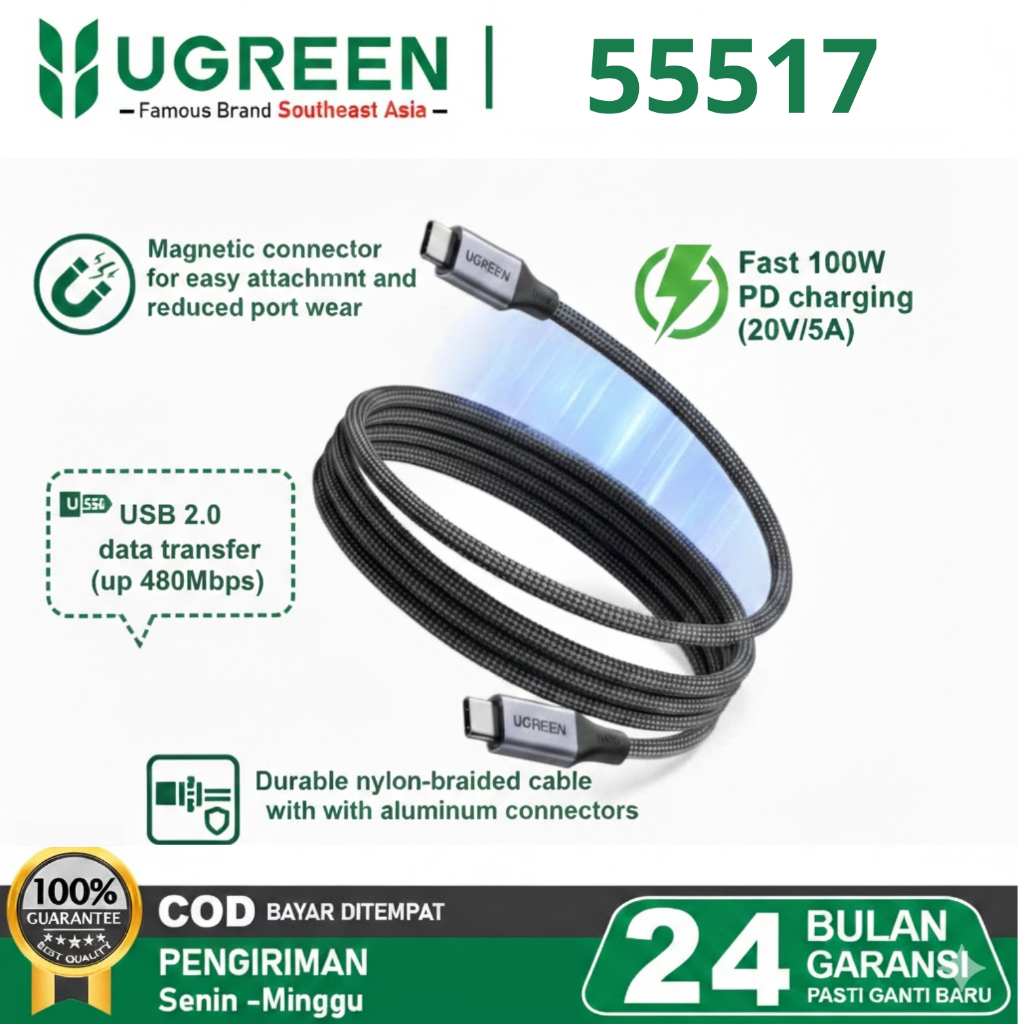 UGREEN Magnetic Self-Wrapping Cable PD Type C To Type C Fast Charging 5A Max 100W สําหรับ iPad Samsu
