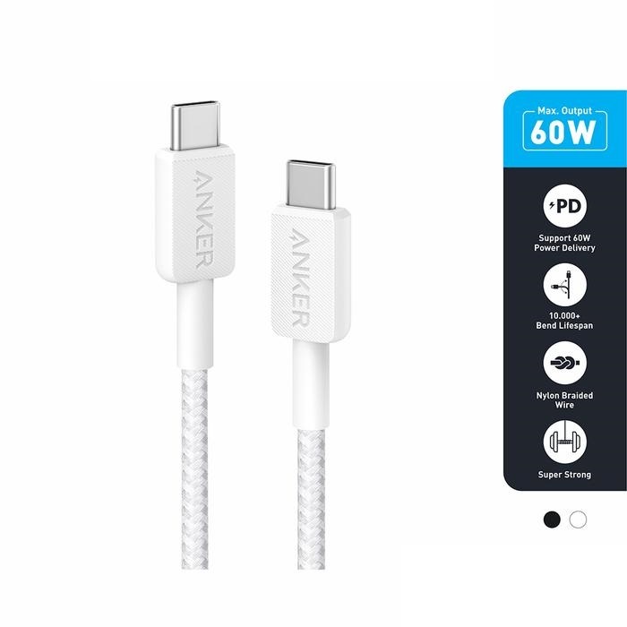 สายชาร์จ Anker 322 USB-C to USB-C (แบบถัก 3 ฟุต) - A81F5 - สีขาว