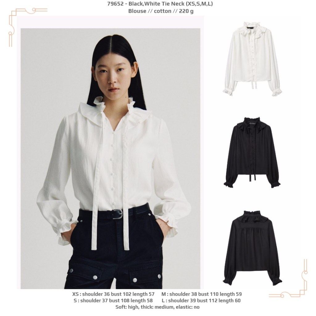 LOA52 - ผูกคอสีขาว/BLK (XS,S,M,L) - เสื้อเบลาส์ 2601