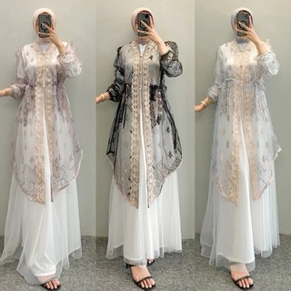 Raya Dress satu Set Inner Outer Dan Rok Tutu Elang Busana Gamis Muslim Wanita Pesta Kondangan