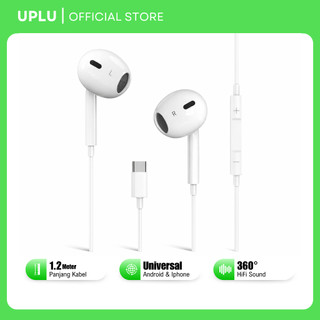 UPLU Headset Kabel Handsfree Type C In-ear with Mic Wired Handset Earphone Bass Gaming Anti Delay
