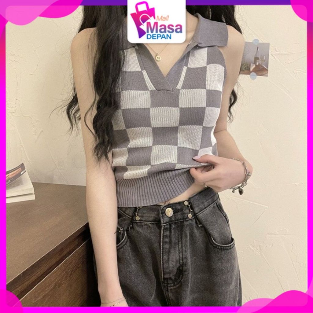 MMD เกาหลีเพชรผู้หญิง Crop Top รหัส 6859 ลายสก๊อตถักเสื้อกั๊ก Crop Top เกาหลีถักเสื้อกั๊ก V คอยืดวัส