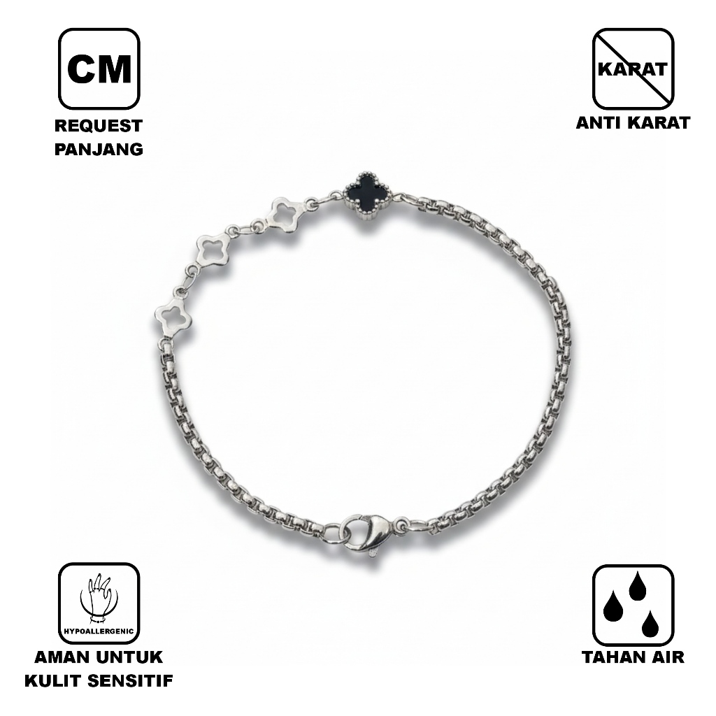 Gelang Rolo Clover Hitam Bolak Balik Stainless Steel Unisex | Model Clover Bolong & Clover Hitam Ele