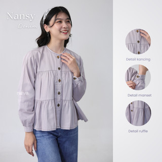 Neva Style - Nansy Denim Shirt Blouse Kerut Dada / Atasan Denim Ruffle Wanita / Blouse Kerut Kancing Panjang Kerah Round Neck