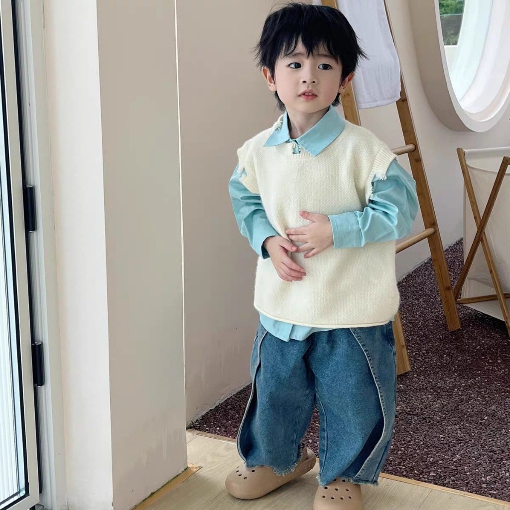 KEMEJA WAFELLO BOY SET 3in1 เสื้อผ้าเด็กผู้ชายสไตล์เกาหลีเสื้อแขนยาวถักOuterwearกางเกงขายาวแฟชั่นอิน