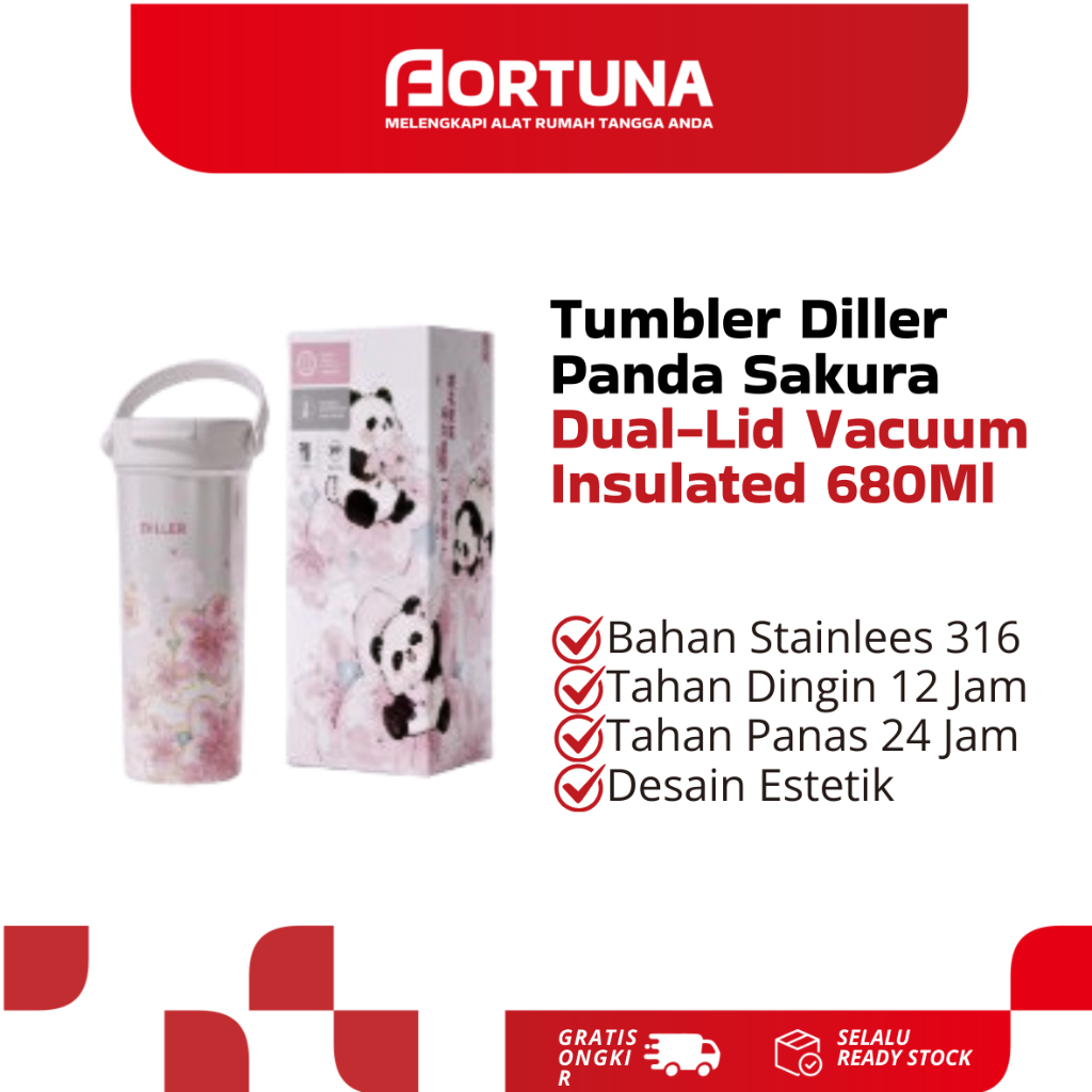 Diller 680ML Panda Sakura Dual-Lid แก้วน้ําฉนวนสุญญากาศพร้อม Infuser