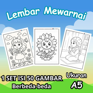 Paket 50 Lembar Mewarnai Mix Cewek A5 / A4 untuk Anak TK PAUD SD Belajar Warnai Gambar