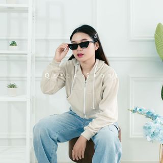 Jacket Hoodie Wanita Katun Fleece Nyaman Dipakai, Jaket Crop Wanita