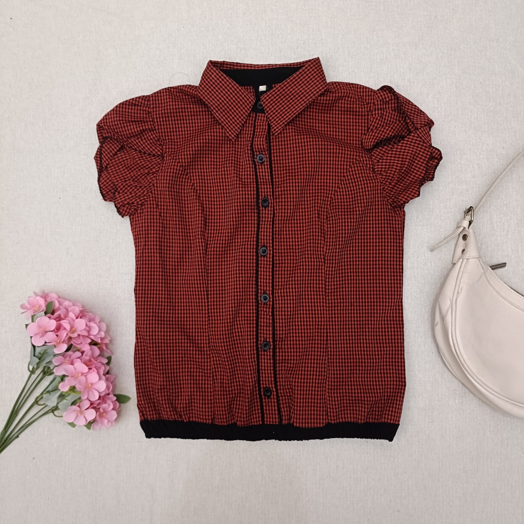 Lolita Red Gingham Puff Sleeve Blouse Harajuku Kawaii