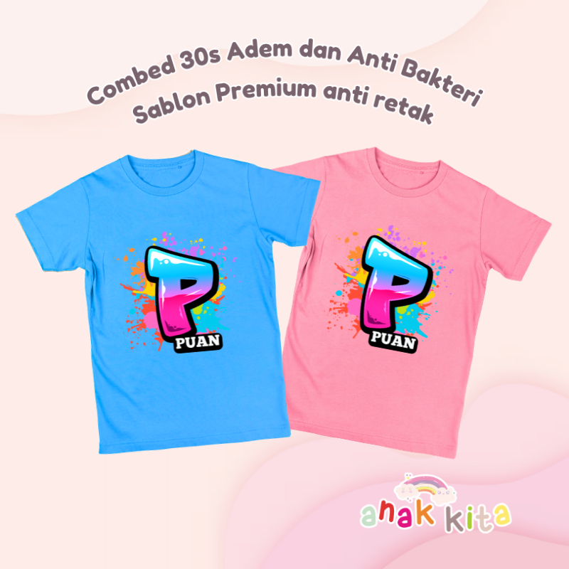 CAN CHANGE NAME เด็กของเรา Initial P เสื้อยืดสําหรับเด็กหญิงและเด็กชายอายุ 1 2 3 4 5 6 7 8 9 10 หวี 