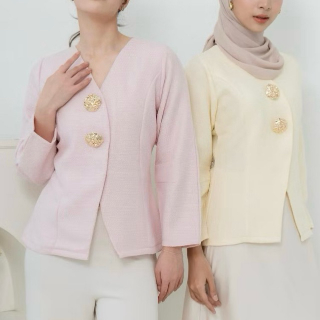KEMEJA HAERIN Lucy Top Tweed Blazer ปุ่มสีทองผู้หญิงแขนยาวเสื้อผู้หญิงติดตั้ง CROCUS