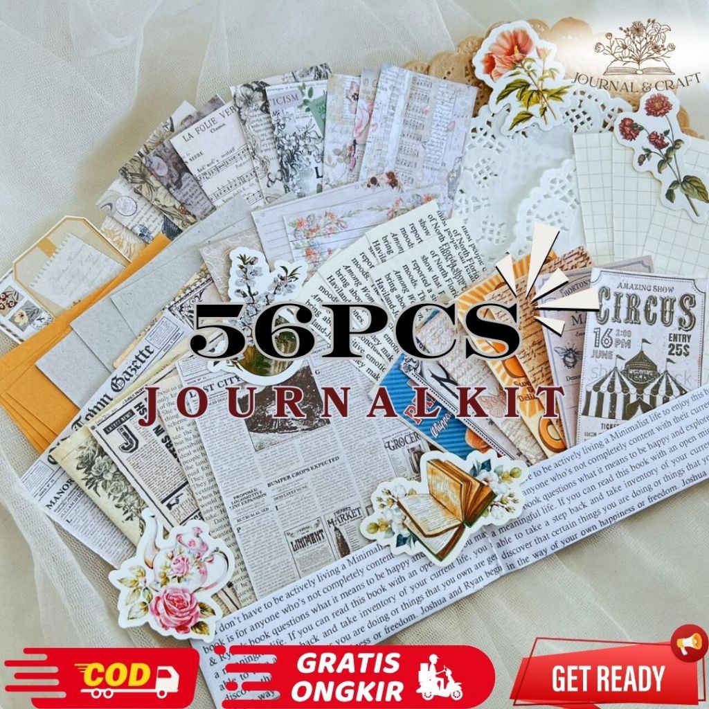 Journal kit 56++ pcs Journal Kit Vintage Aesthetic Journal Kit ตกแต่ง Srapbook อัลบั้มหรือโน้ตบุ๊คได