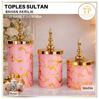 TP' Toples Sultan Set Toples Hias Mewah Motif Marble dan Bunga Dengan Tutup Emas Isi 3 Pcs