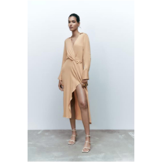 ZARA BROWN MIDI DRESS WITH SKIT AT FRONT