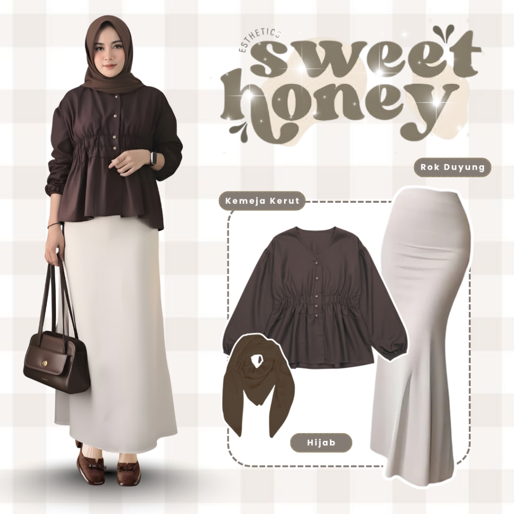 KEMEJA One Set กระโปรงฮิญาบ (Duyung + Drawstring Shirt + Bella Square) ชุดอินเทรนด์ - KA183