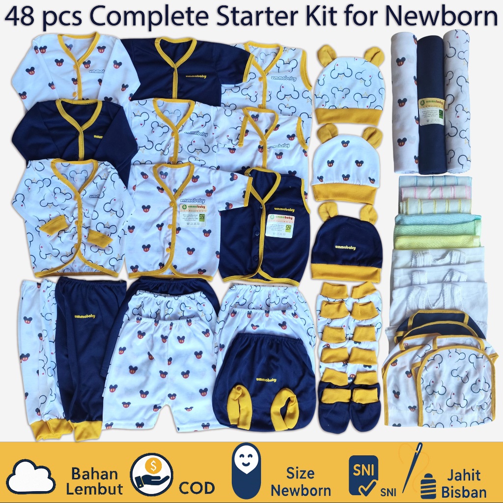 Ummababyshop 48 ชิ้นแพคเกจอุปกรณ์ทารกแรกเกิดครบชุด SNI – ชุดเสื้อผ้าทารกแรกเกิด 0–3 เดือนชายหญิง | ผ้าห่อตัว เสื้อยืด ปลาหมึกยักษ์ หมวก ถุงมือ ถุงเท้า ชุดยาวและสั้น