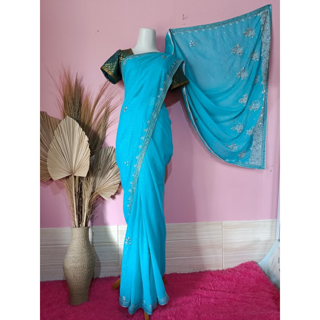 INDIAN CLOTHES/ BEAUTIFUL BLUE SHIFON WRAPPED SAREE/ ใหม่ที่เพิ่มพูนสําหรับ CHLLY