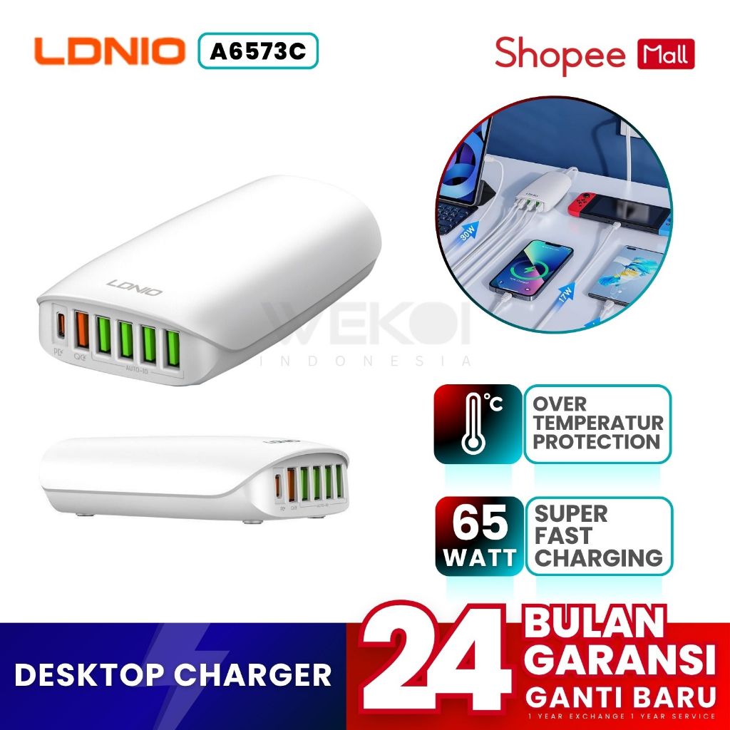 LDNIO Desktop Charger ชาร์จเร็วสุด 65W 6 พอร์ต USB A6573C