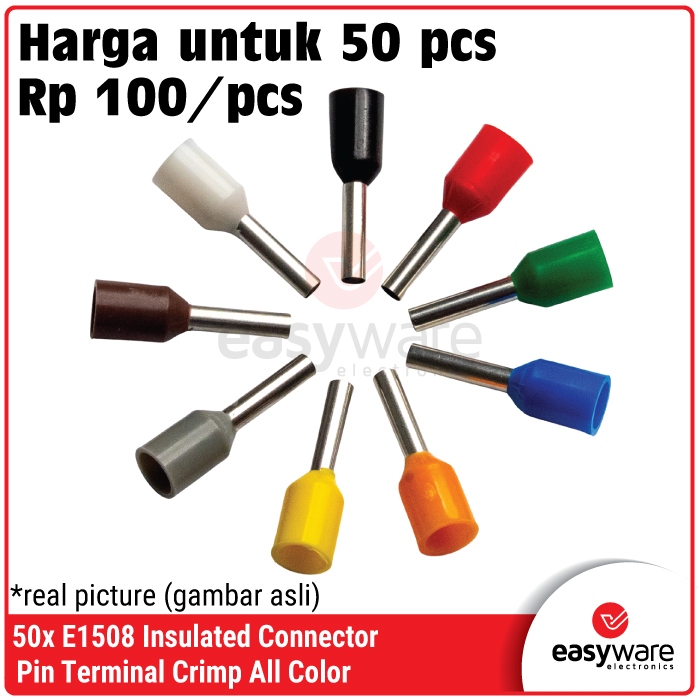 50pcs Crimp Terminal E1508 VE1508 Skun ฉนวน Ferrules Terminal Block สาย Skewer Skun สาย Ferrules 1.5