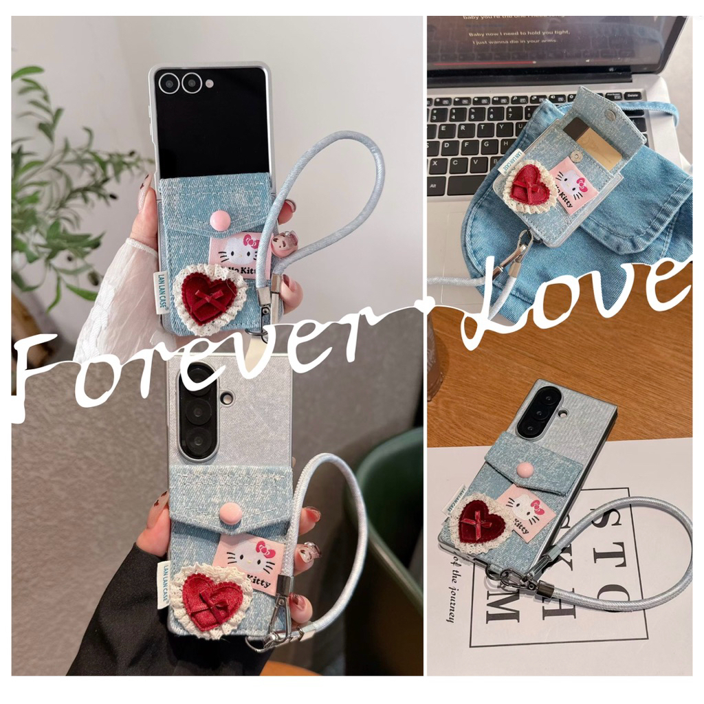 กรณีใหม่ Samsung Zfold7 Zflip7 กางเกงยีนส์ Cardpocket กระเป๋าสตางค์ Hellokitty Kitty การ์ตูนพร้อมสาย