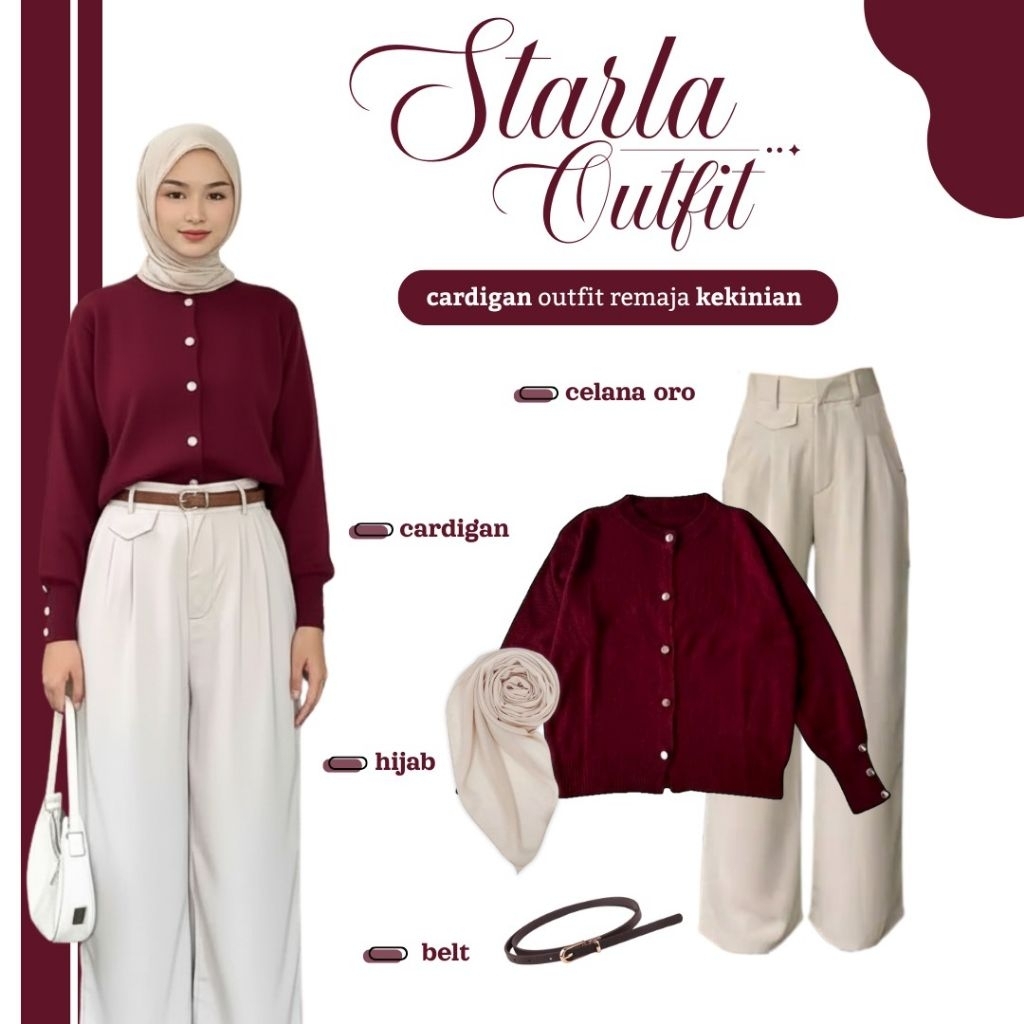 ชุดวัยรุ่นอินเทรนด์ 3-in-1 (คาร์ดิแกนถัก + กางเกง Semiwool Oro + ฮิญาบทรงสี่เหลี่ยมสําหรับเด็กผู้หญิ