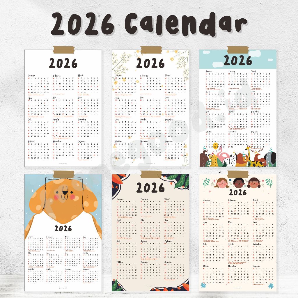 MERAH 2026 CALENDAR หน้าเดียว / โปสเตอร์ติดผนังครบชุด CALENDAR วันที่สีแดง / ปีเดือนตกแต่งผนัง januari กุมภาพันธ์ มีนาคมเมษายน พฤษภาคม มิถุนายนเดือนตุลาคม november ธันวาคม