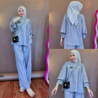 One set salur smoke // setelan wanita motif salur kekinian