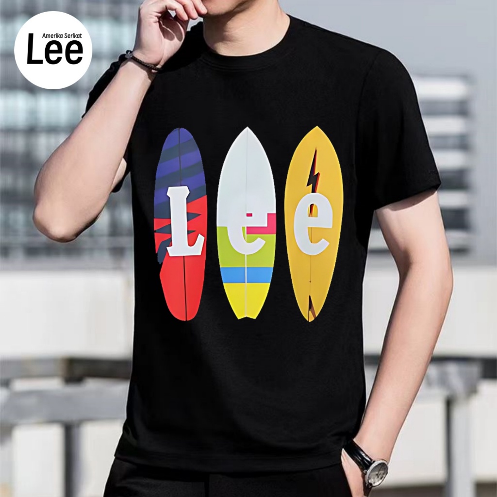 Lee Original เสื้อยืดผู้ชาย Surfboard Graphic Design "Lee" Cool Mens Fashion Black Shirt