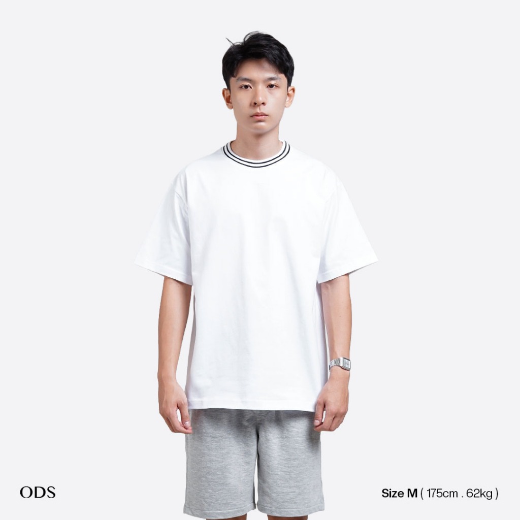 ODS เสื้อยืด Oversize Heavyweight Cotton 16s คอปกลายทาง - สีขาว