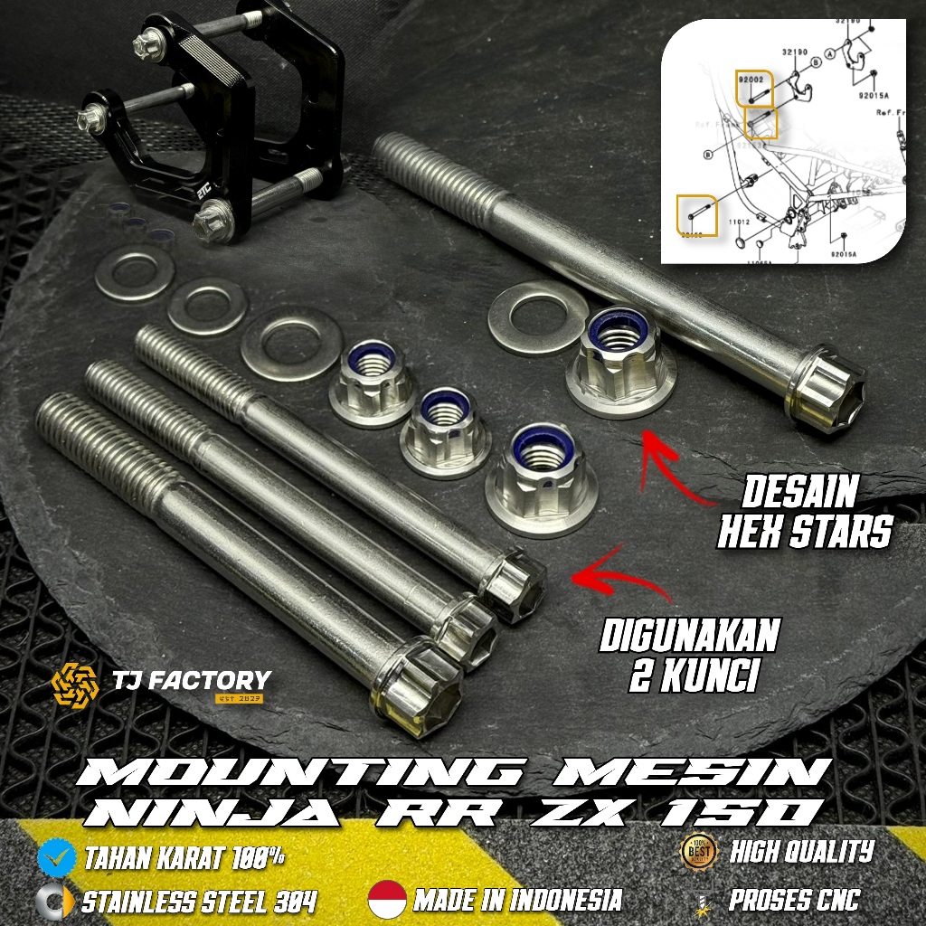 MESIN 1 ชุด NINJA RR ZX 150 สแตนเลส CNC ENGINE MOUNTING BOLT 2 คีย์ STARS Design โดย TJ โรงงานอินโดน