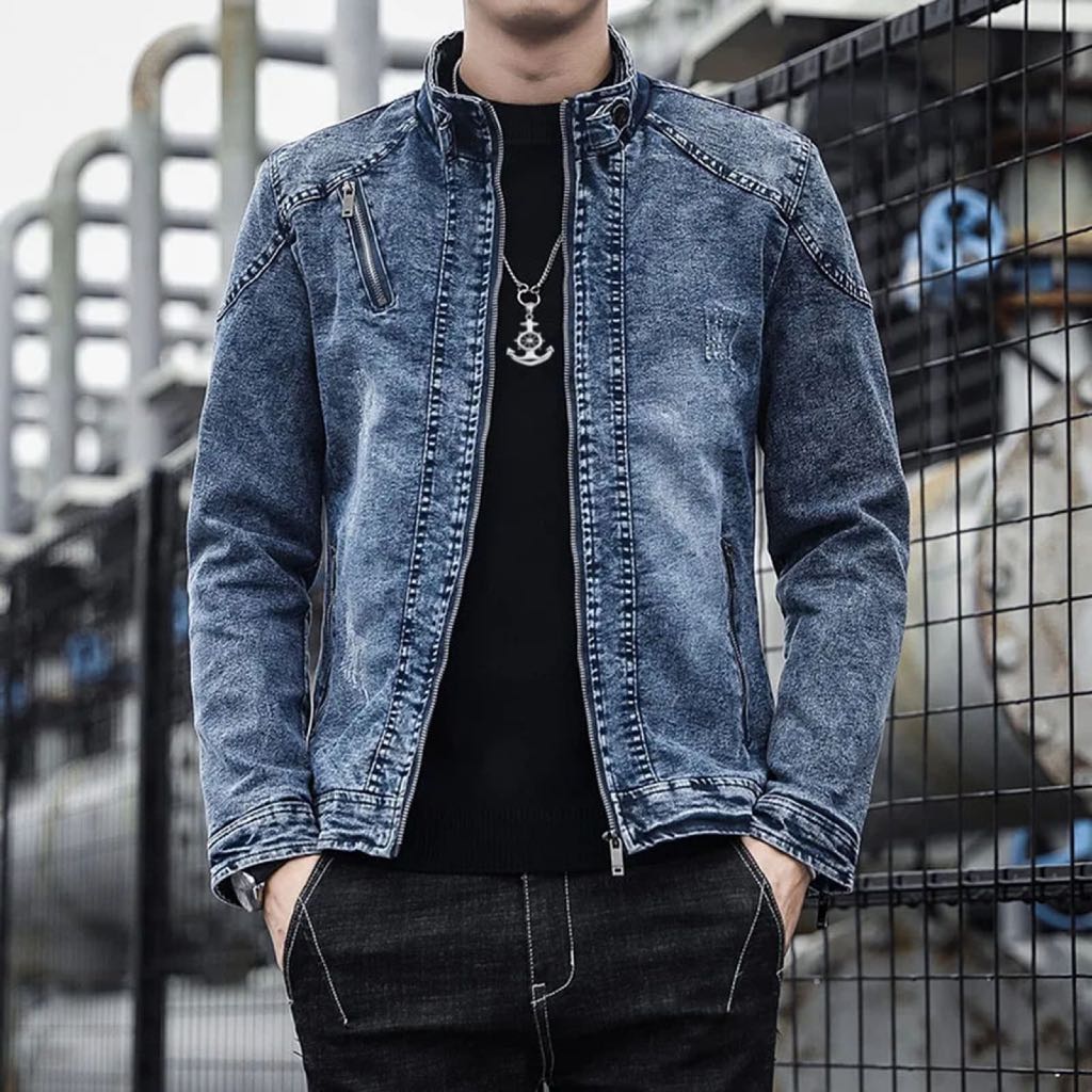 เสื้อแจ็คเก็ตยีนส์ผู้ชาย HIGH COLLAR สไตล์ PLAIN BIKER SIZES ML XL XXL