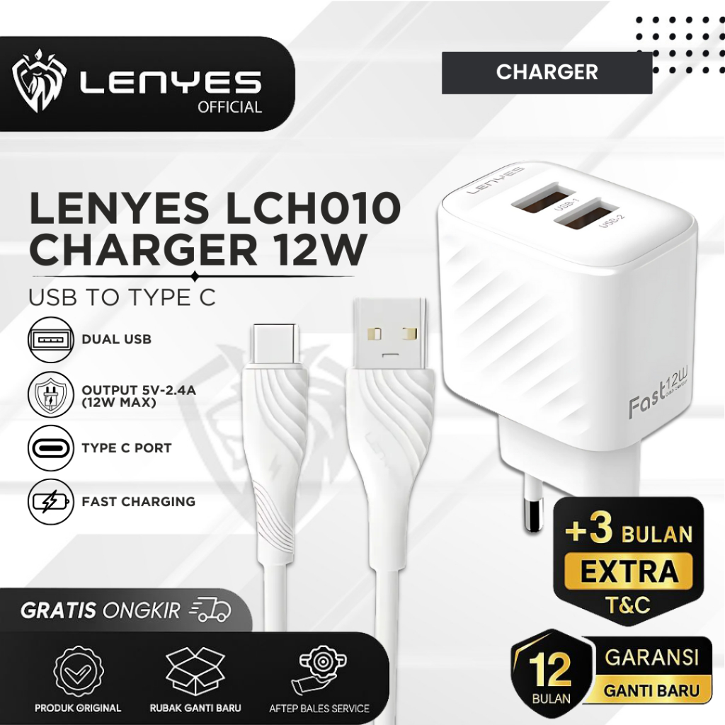 LENYES LCH010 Charger 12W Fast Charging Type C Cable Dual Port USB QC 3.0 คุณภาพระดับพรีเมียม
