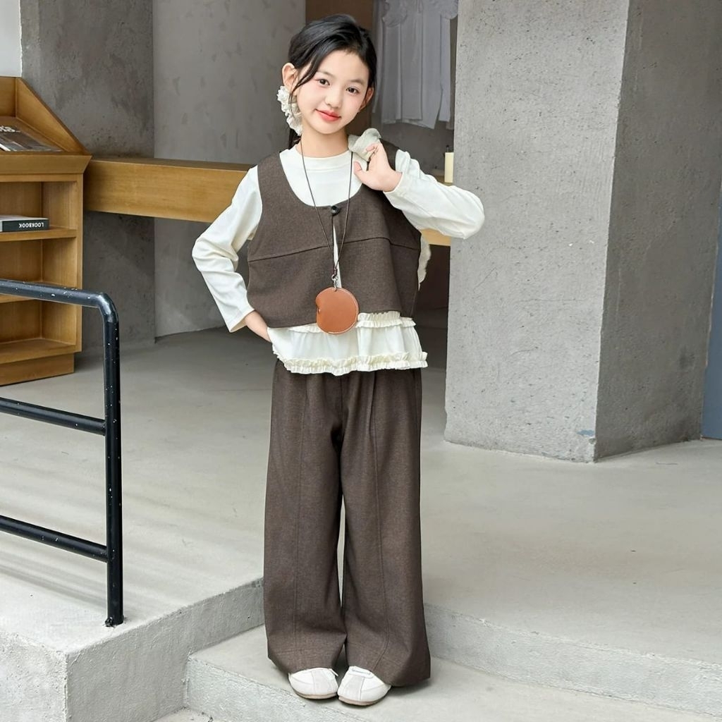 NV-047 นําเข้า 3IN1 ยาว-SLEEVED เสื้อชุดสําหรับ GIRLS AGED 7-13 ปียาว BLOUSE ชุด KNIT VEST COOL VEST