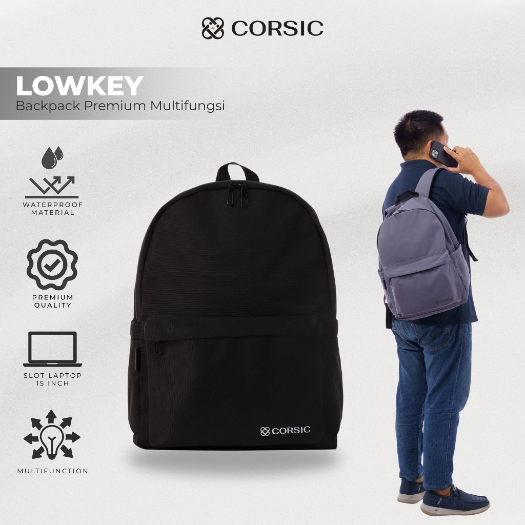 CORSIC Lowkey กระเป๋าเป้สะพายหลัง 15 นิ้ว Unisex กันน้ําโรงเรียนทํางานแล็ปท็อปกระเป๋าเป้สะพายหลัง