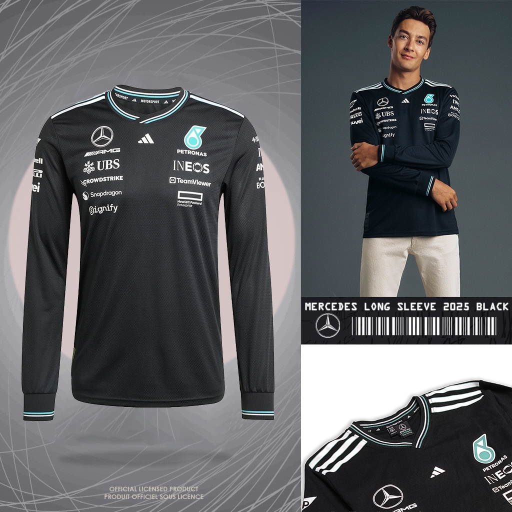 Mercedes AMG F1 x Adidas 2025 เสื้อยืดไดร์เวอร์แขนยาว Racing Formula 1 แขนยาวสีดํา