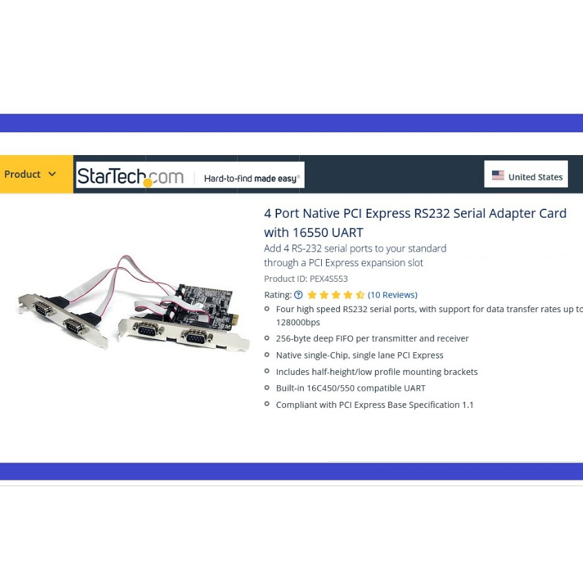 4 พอร์ต RS232 พอร์ตอนุกรม COM DB9 Startech PEX4S553 การ์ด pcie พร้อม 16550 UART