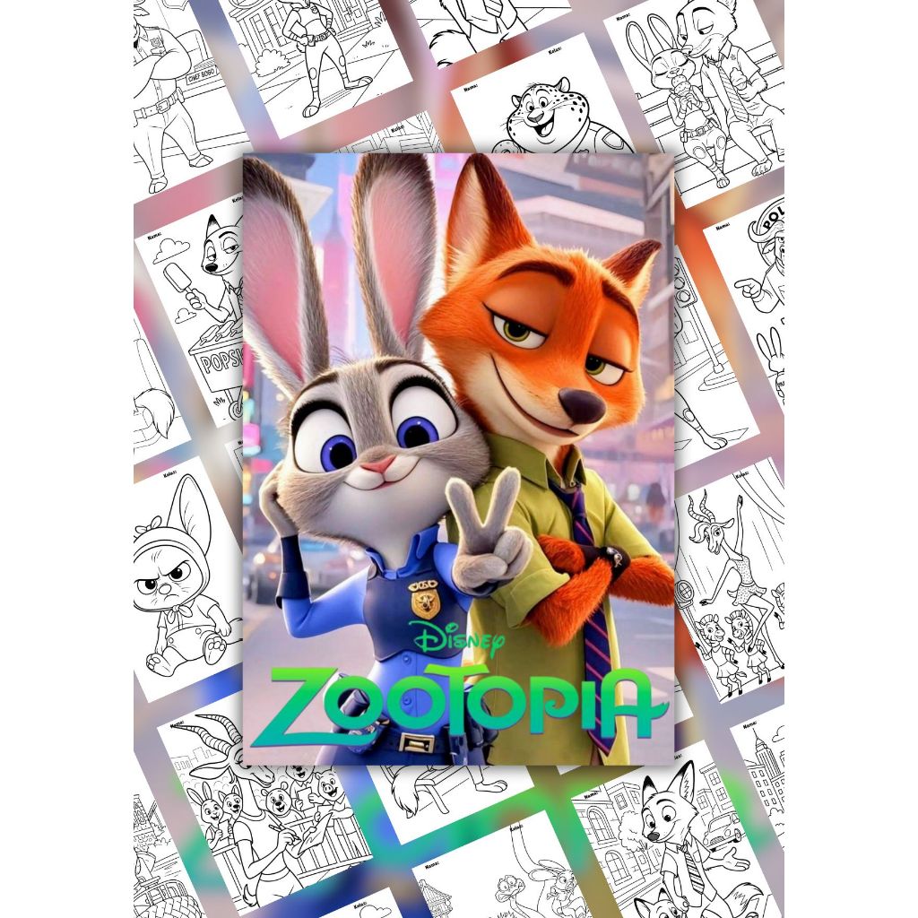 แผ่นระบายสีเด็ก Zootopia Theme - 25 หน้า A4 A5 80 Gsm โรงเรียนอนุบาล PAUD SD แผ่นระบายสี 3 4 5 6 ปี Judy Hopps Nick Wilde Chief Bogo Flashmore
