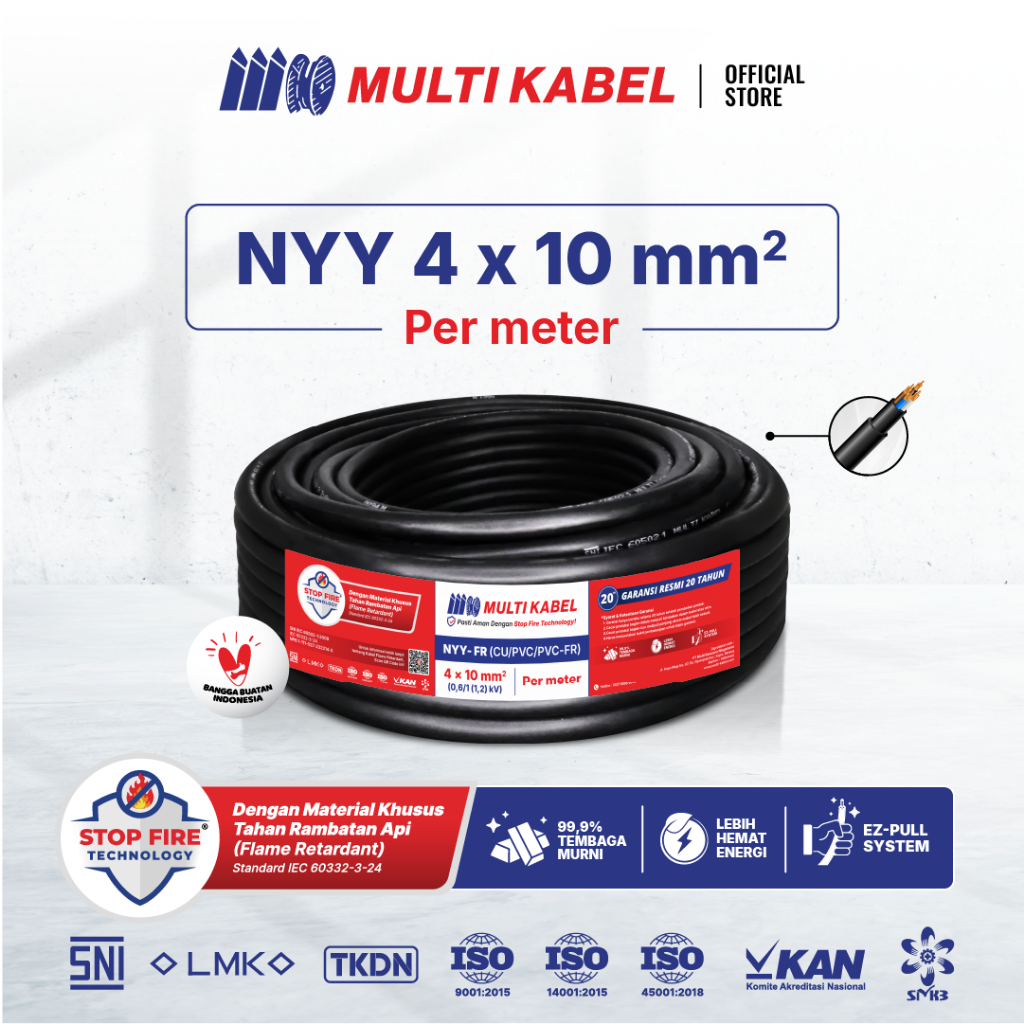 MULTI CABLE - NYY 4x10 mm2 สายไฟ - สายทองแดงลวดบริสุทธิ์ PVC SNI - สีดํา - ต่อเมตร