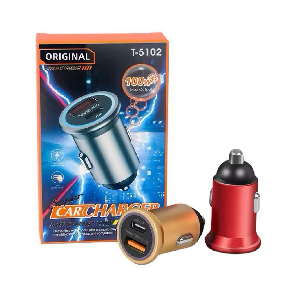 อะแดปเตอร์ชาร์จในรถยนต์ T-5102 ไฟ LED 100W USB-A + Type-C Car Saver PD30 QC3.0 Fast Charging T5102