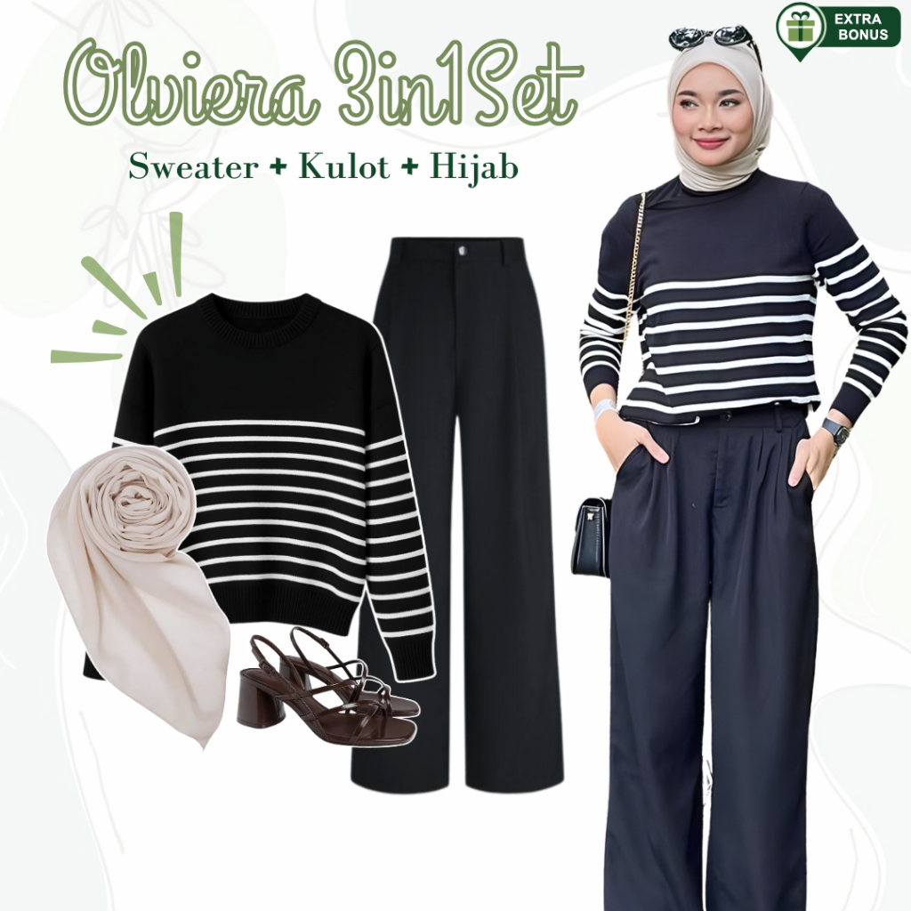 Oneset One ชุด 3in1 ผู้หญิง hijab ชุดเสื้อเสื้อกันหนาวลูกเรือคอลาย กางเกงชั้นใน ถัก hijab bella สแคว