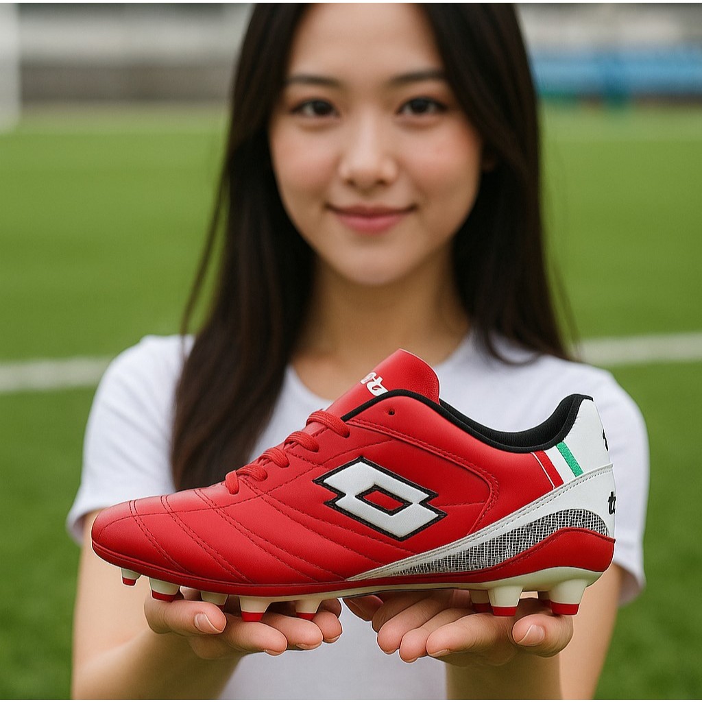 MERAH Lotto รองเท้าฟุตบอลสีแดงเย็บเต็ม รับประกันภาพจริง 100%