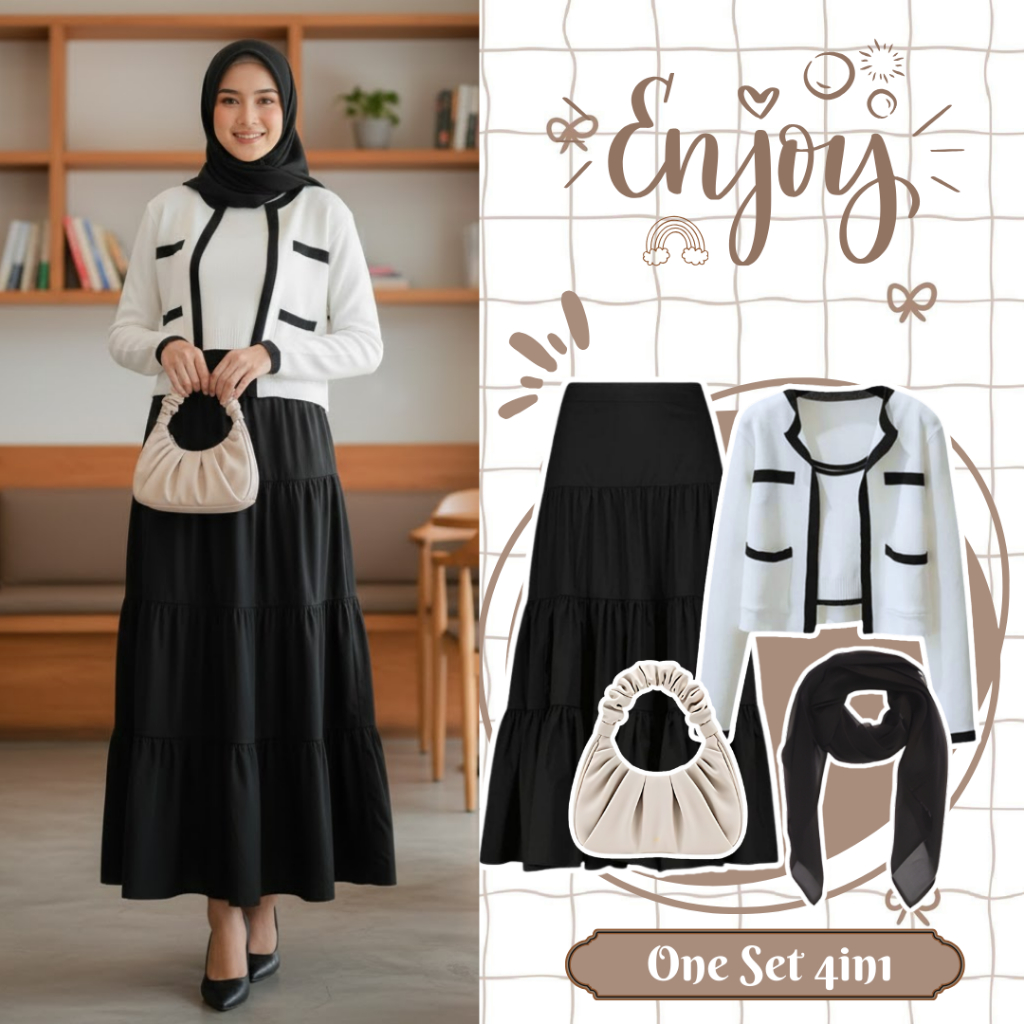 ชุดฮิญาบ 4-in-1 สําหรับผู้หญิง (Cardigan, กระโปรงชั้น, Bella Square, กระเป๋า) แขวนอินเทรนด์ - KA20
