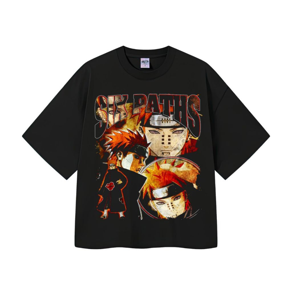 เสื้อยืด SIX PATHS OVERSIZED สีดํา VINTAGE TEE UNISEX TOP NARUTO ANIME CLOTHES