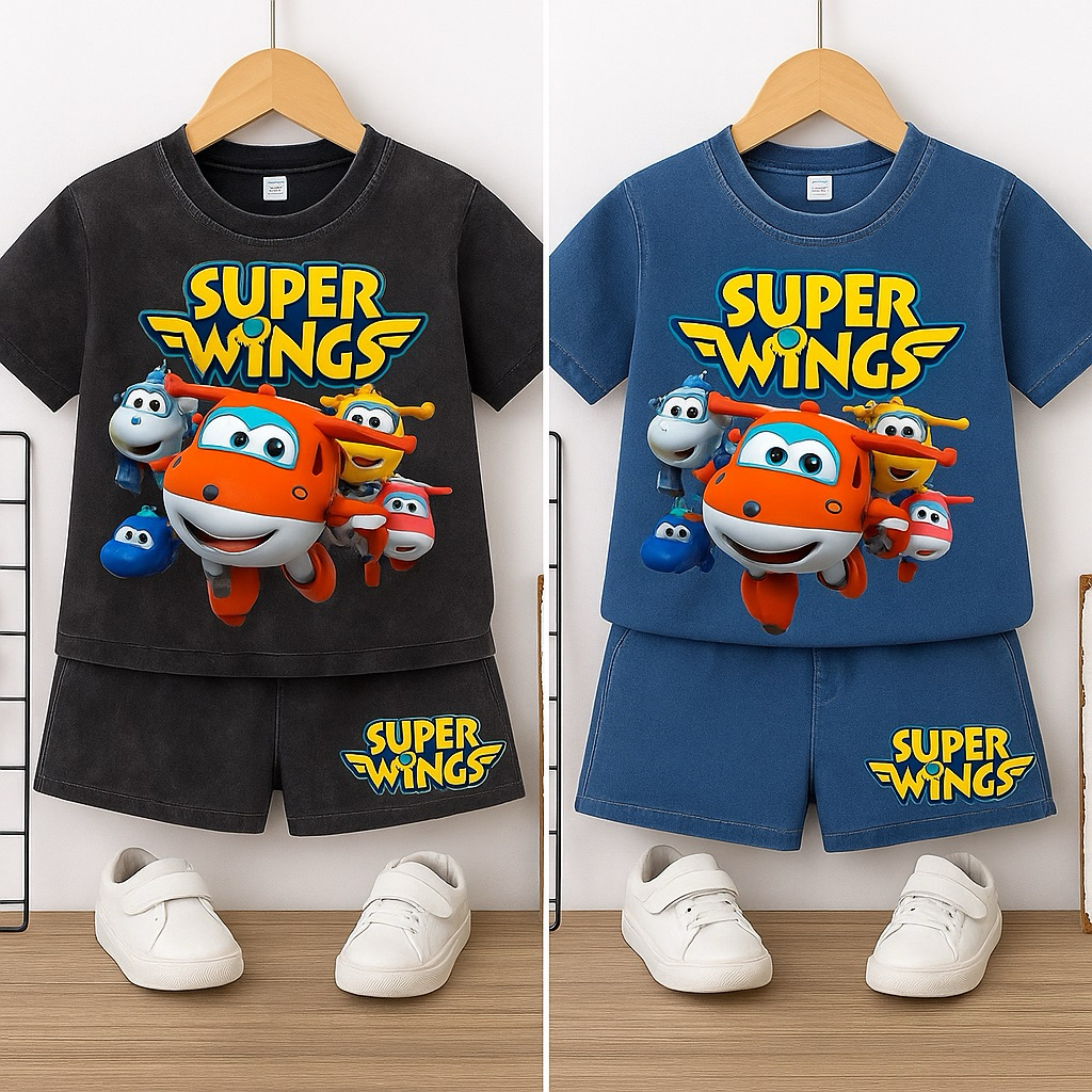 ชุดเด็ก Super Wings 2-10 ปี | ชุดเสื้อผ้าเด็กผู้ชายเย็นสบาย เสื้อยืด+กางเกงขาสั้น
