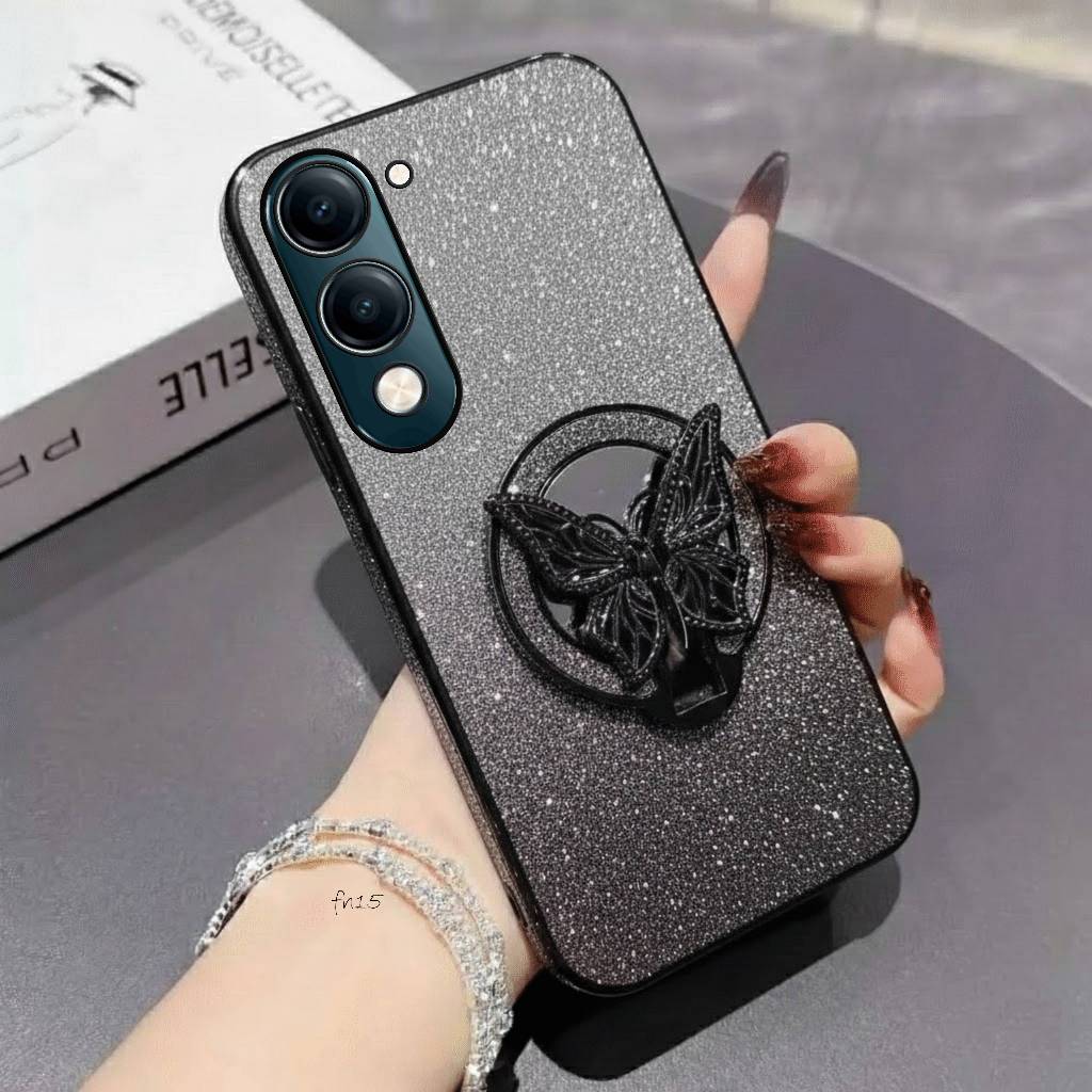 เคสนิ่ม Vivo Y29s Luxury Glitter Blink Blink แหวนผีเสื้อกระจกพับ