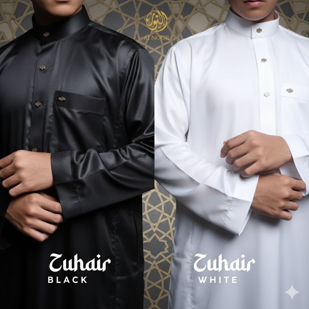 AL NOOR ZUHAIR Thobe Premium – ชุดเดรสวัยรุ่นสีดําและสีขาว เรียบง่าย และหรูหรา