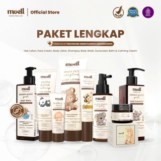 Moell - Complete Package Hair Lotion 100ml & Multipurpose Balm 30gr & Physical Sunscreen 30gr & Body Lotion 185gr & Body Wash 185gr & Shampoo 185gr & Calming Rub Cream 50gr & Face Cream 40gr - Skincare Bayi & Anak - Diformulasikan Oleh Dokter Kulit & Anak