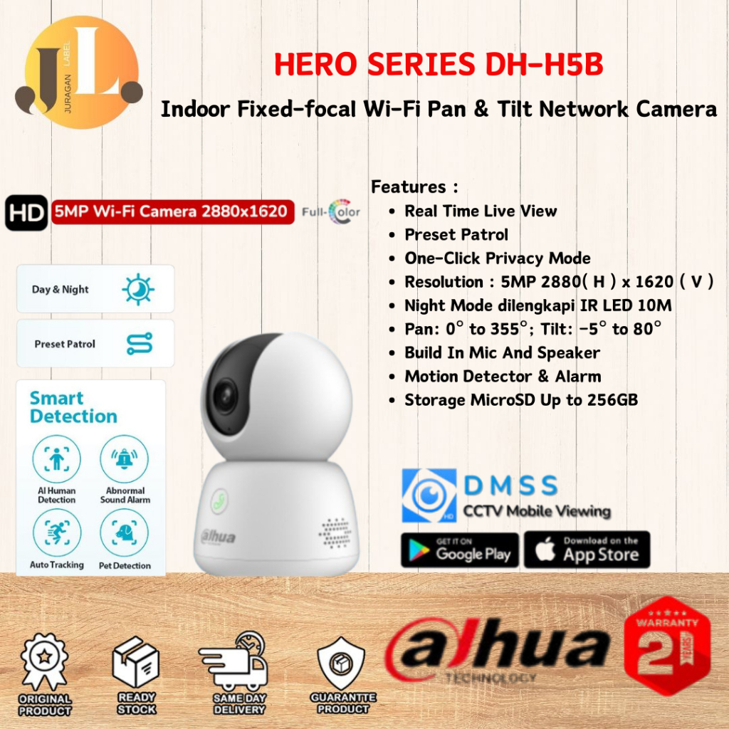 Dahua Hero B1 Series DH-H5B 5MP Wi-Fi กล้องวงจรปิดสมาร์ท IP Pan & Tilt Human Animal Detection