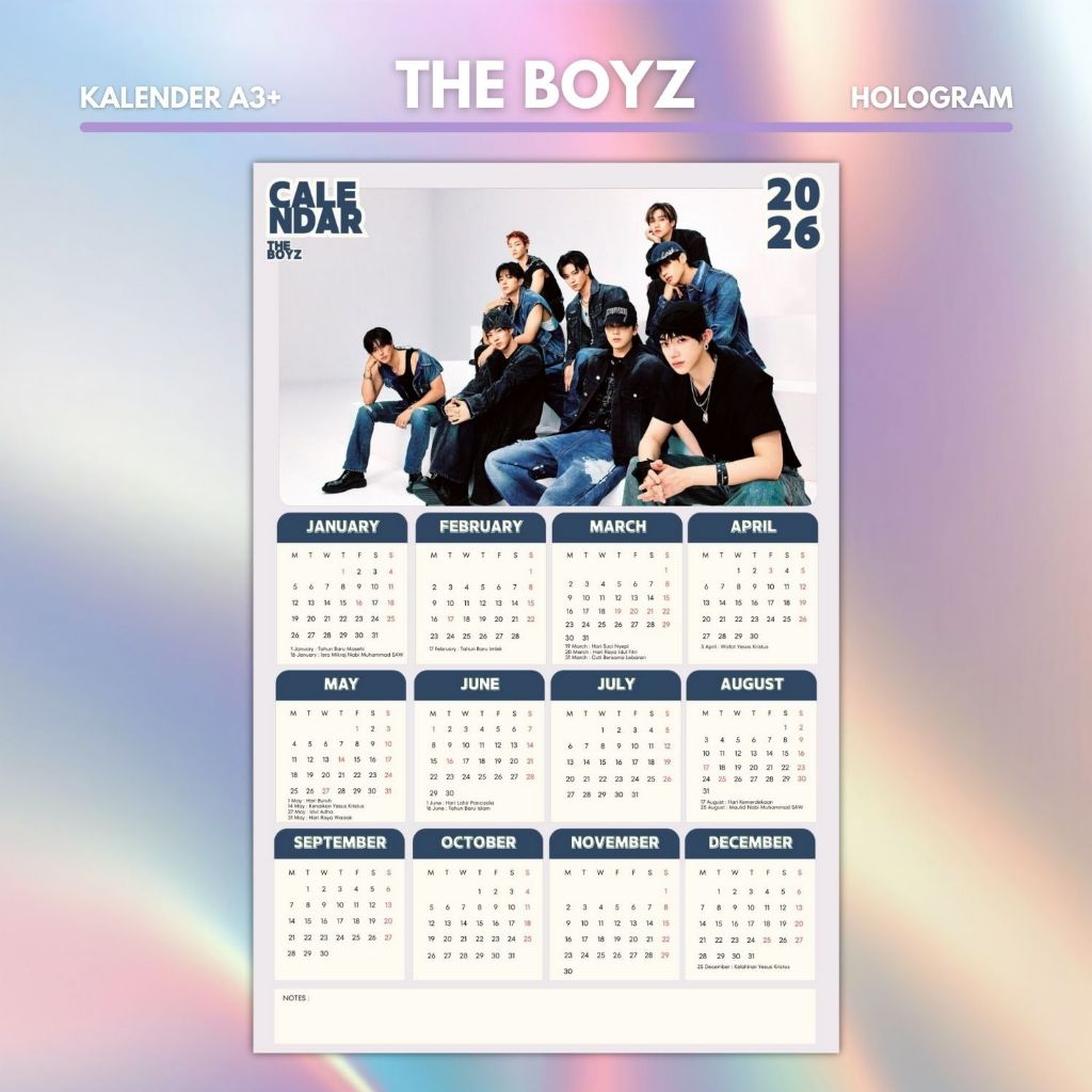 HOLOGRAM 2026 CALENDAR THE BOYZ KPOP UNOFFICIAL JACOB HYUNJAE JUYEON KEVIN HAKNYEON SUNWOO ERIC
