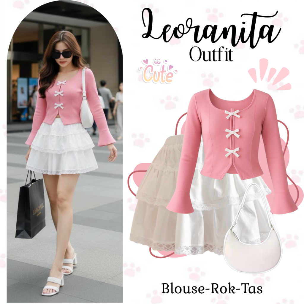 Leoranita Outfit Set สไตล์เกาหลี (Ribbon Blouse กระโปรงสั้นลูกไม้ กระเป๋า) ชุดเดียวล่าสุดสําหรับเด็ก